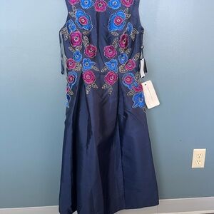 Adrianna Papell Navy Dress with Pink and Blue Embroidery